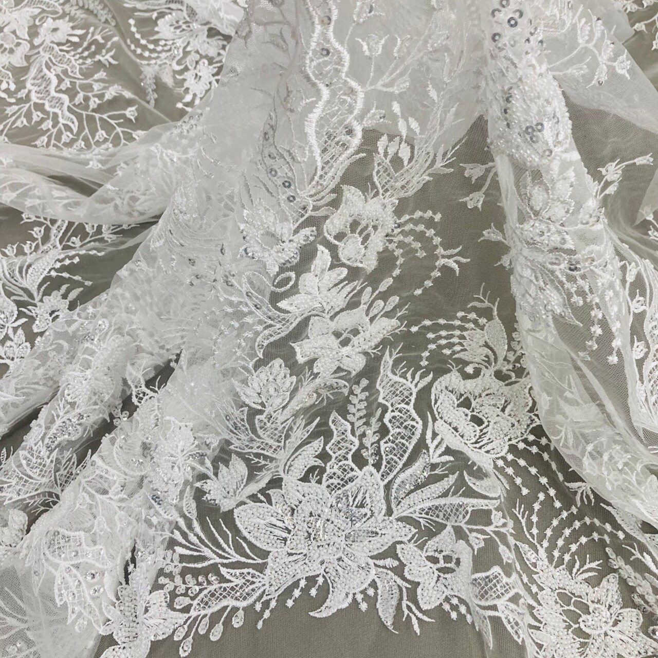 1 Yard Beaded Lace Fabric Embroidered on 100% Polyester Net Mesh, Gold, 52" Width, Premium Lace Fabric for Dresses & Crafts